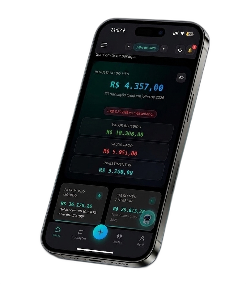 Dashboard do Cuide da Grana no celular