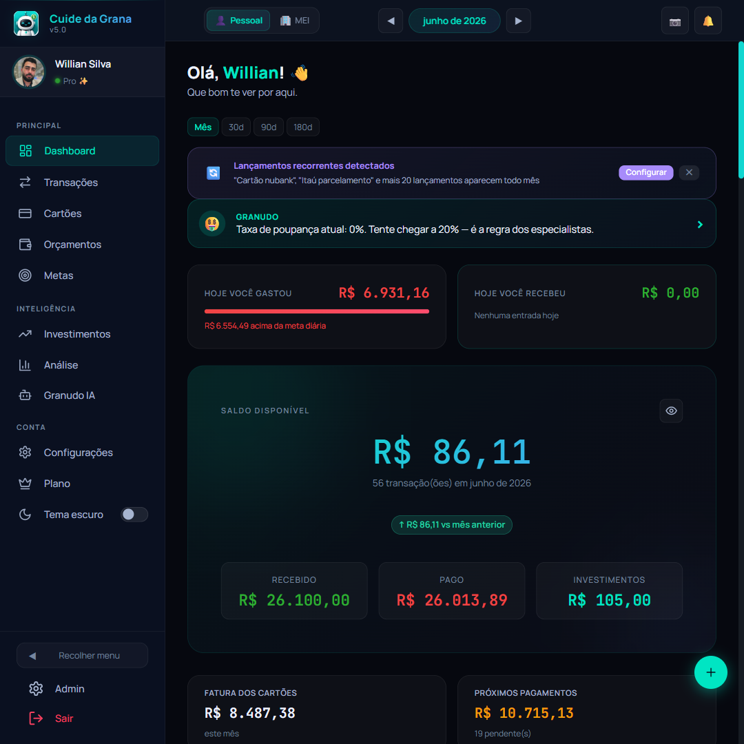 Dashboard real do Cuide da Grana em desktop