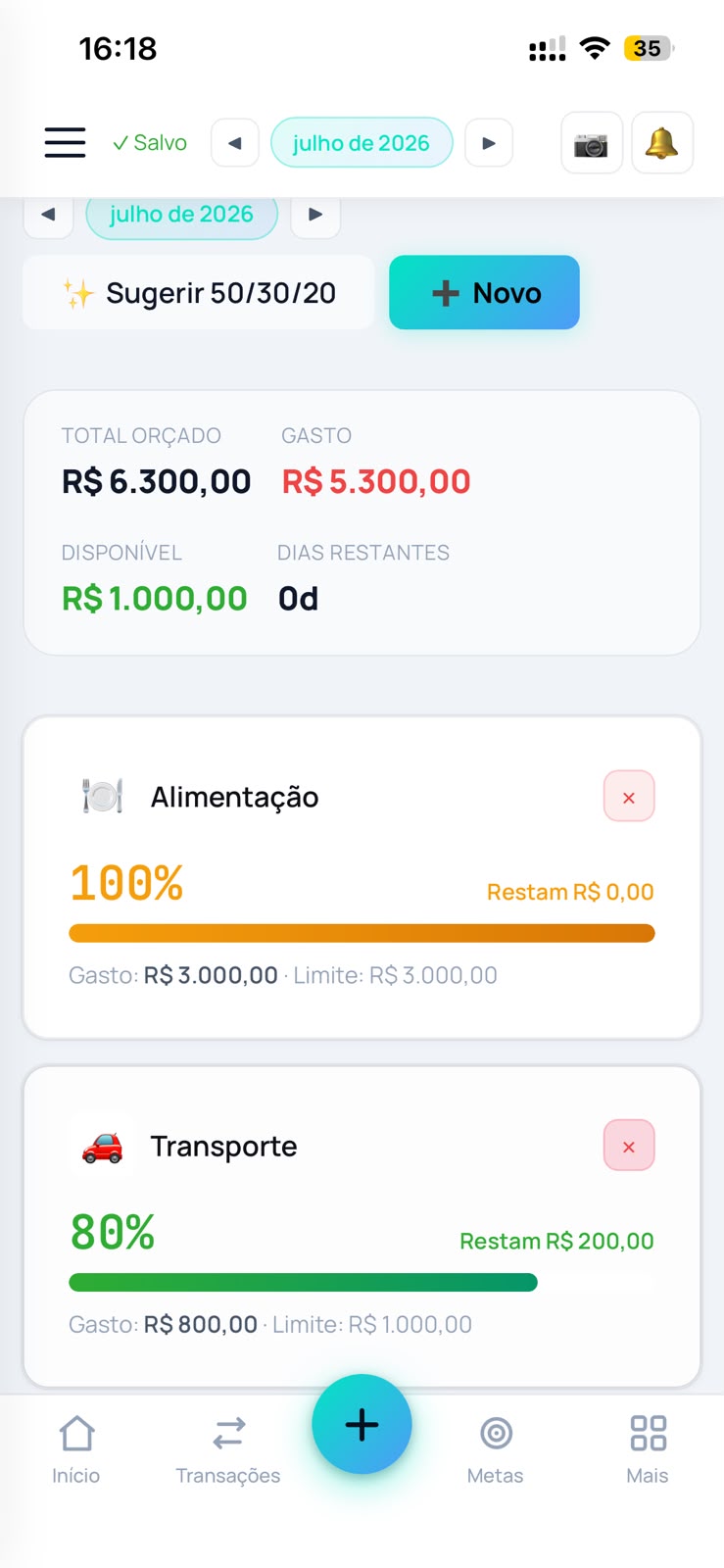 Tela de orçamentos no app