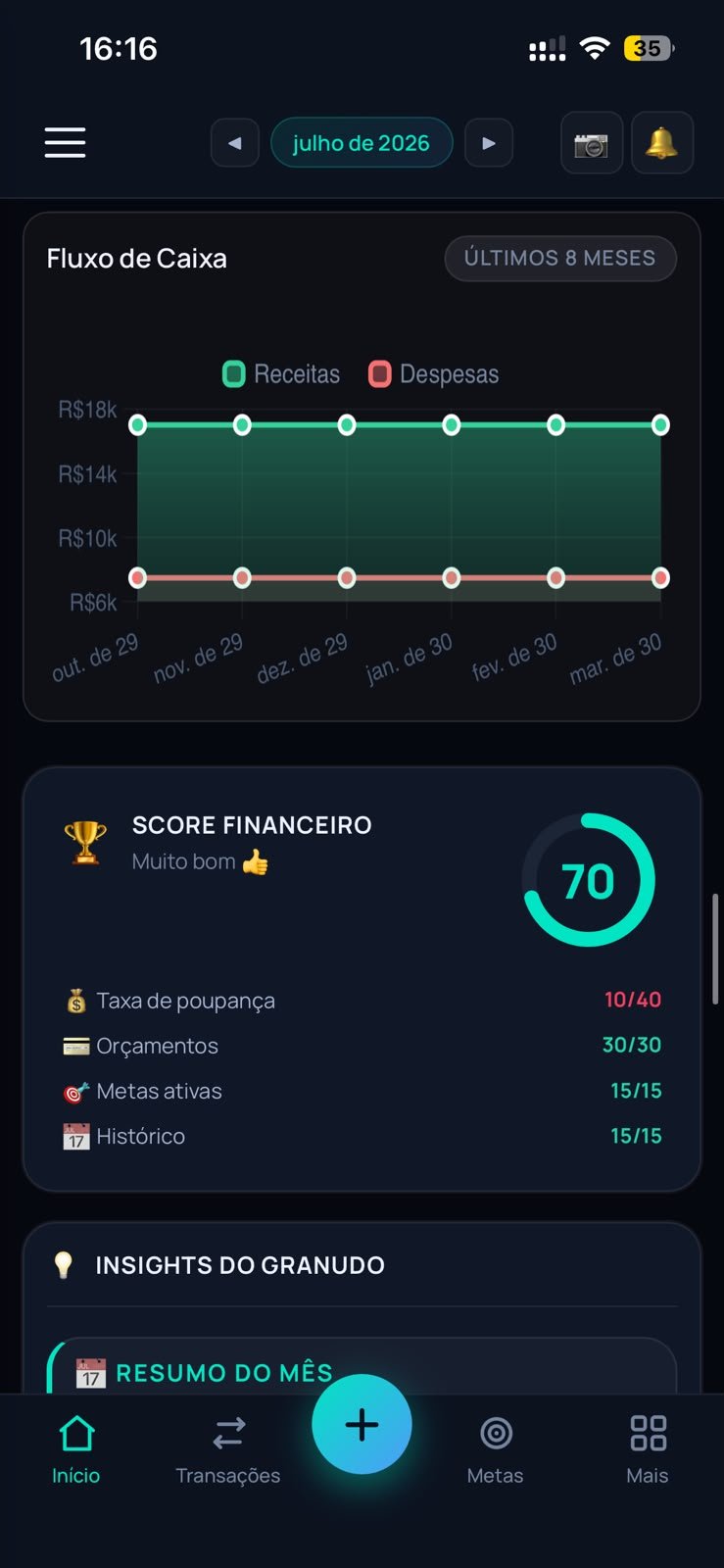 Score financeiro e fluxo de caixa no app