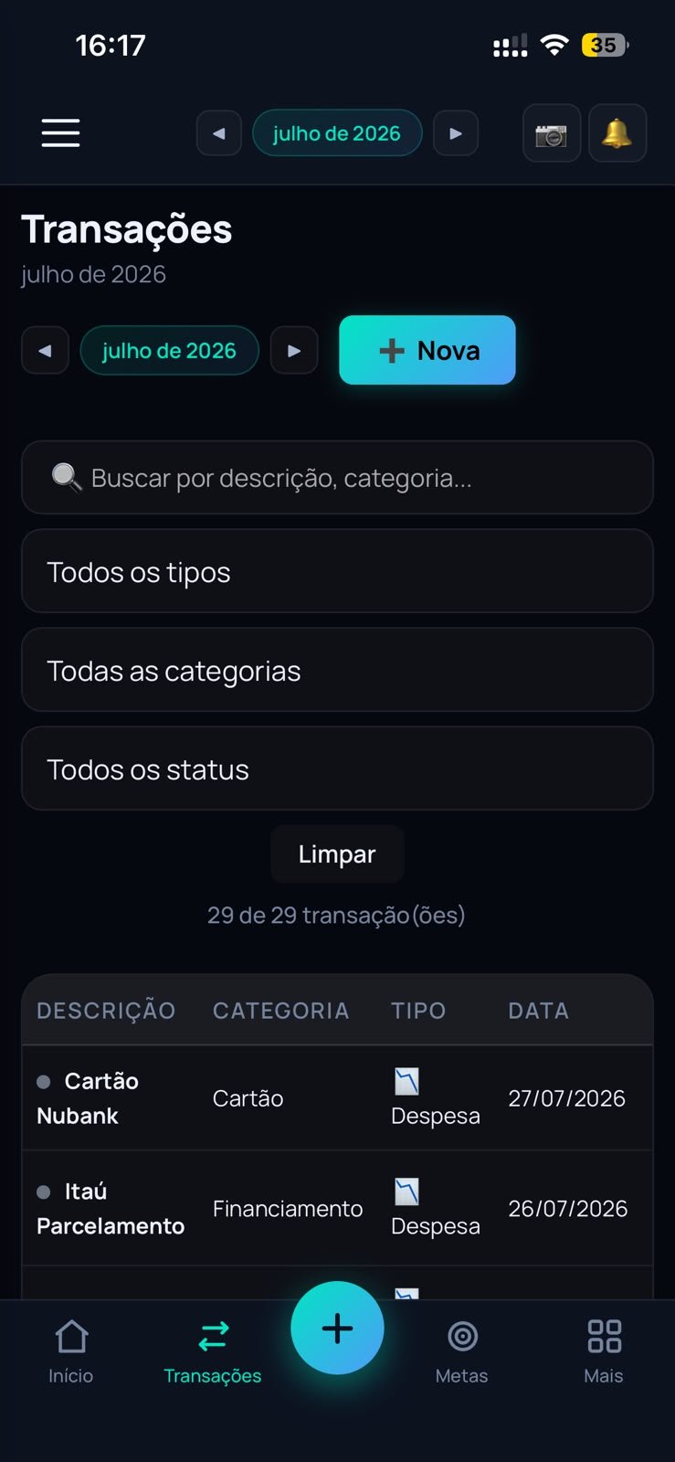 Tela de transações no app